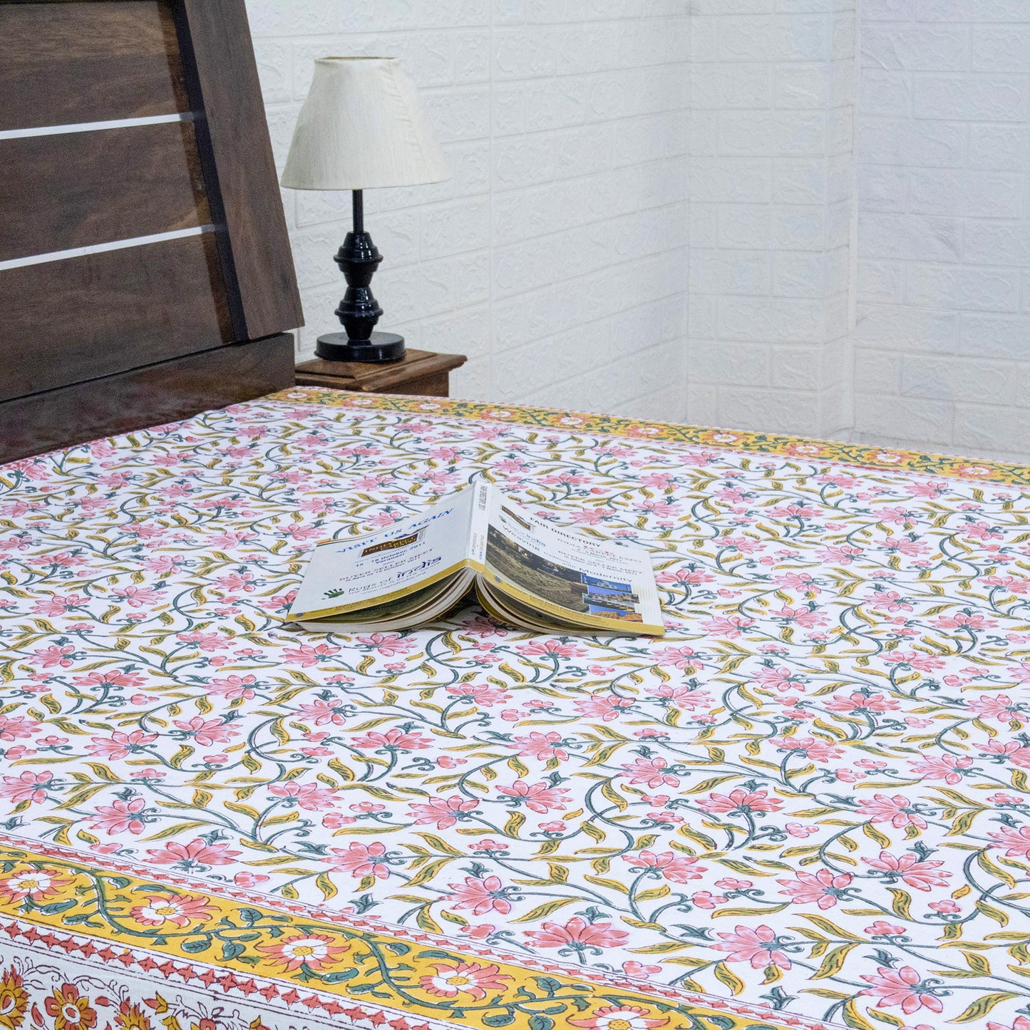 Indian Handmade Block Printed Yellow and Pink Floral Pattern Cotton Bed sheet For living Room, Kids Room - My Store