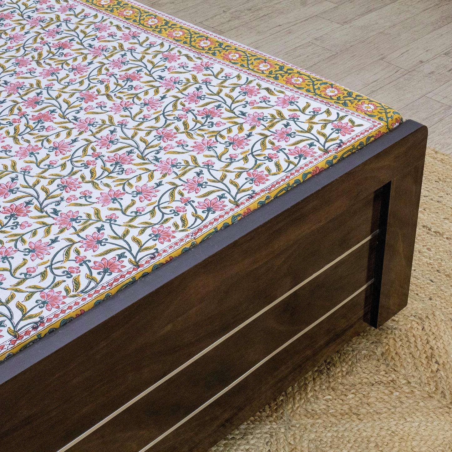 Indian Handmade Block Printed Yellow and Pink Floral Pattern Cotton Bed sheet For living Room, Kids Room - My Store