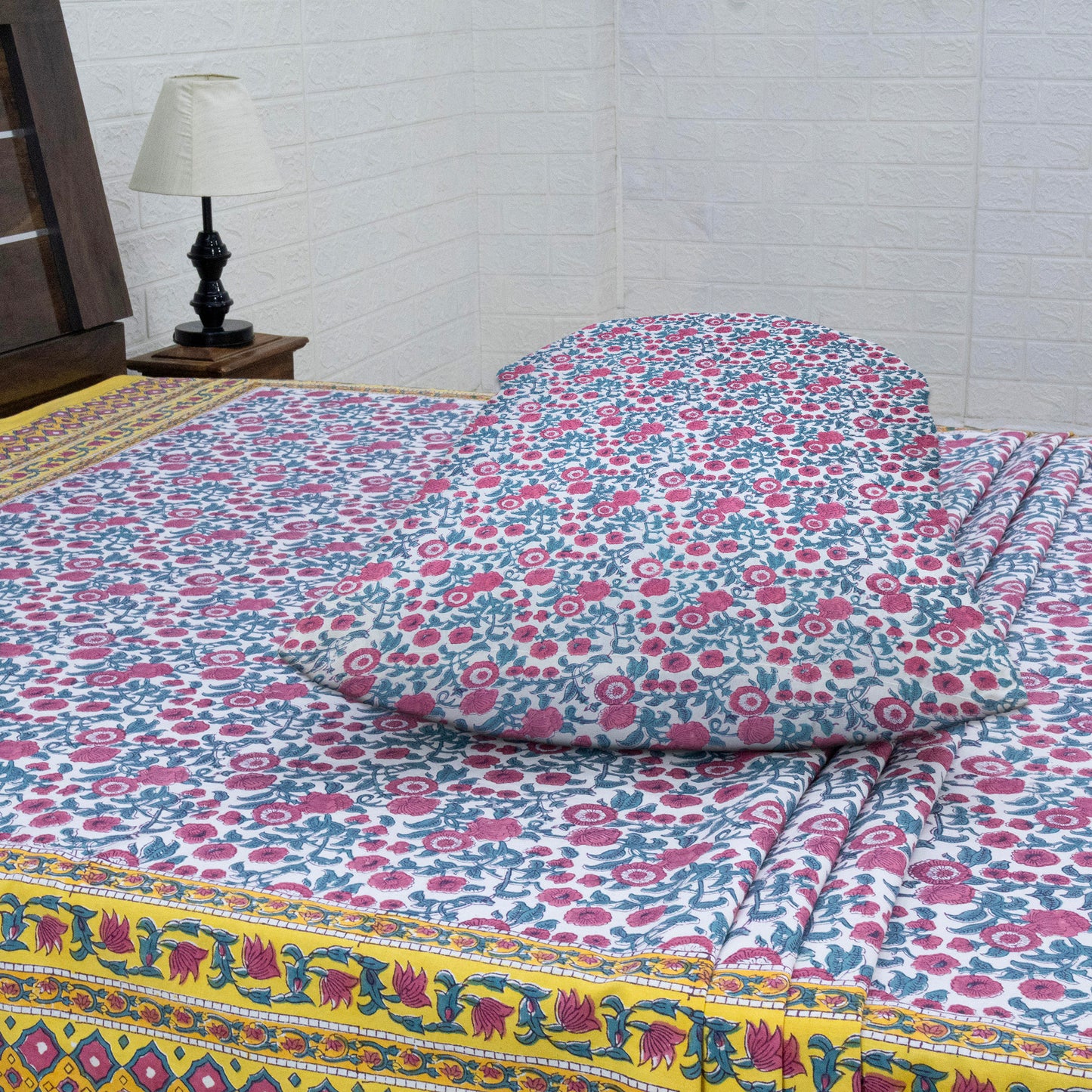 Cotton Bedsheet – Hand Block Floral Print – Pink and Yellow – King, Queen, Twin Sizes - My Store