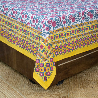 Cotton Bedsheet – Hand Block Floral Print – Pink and Yellow – King, Queen, Twin Sizes - My Store