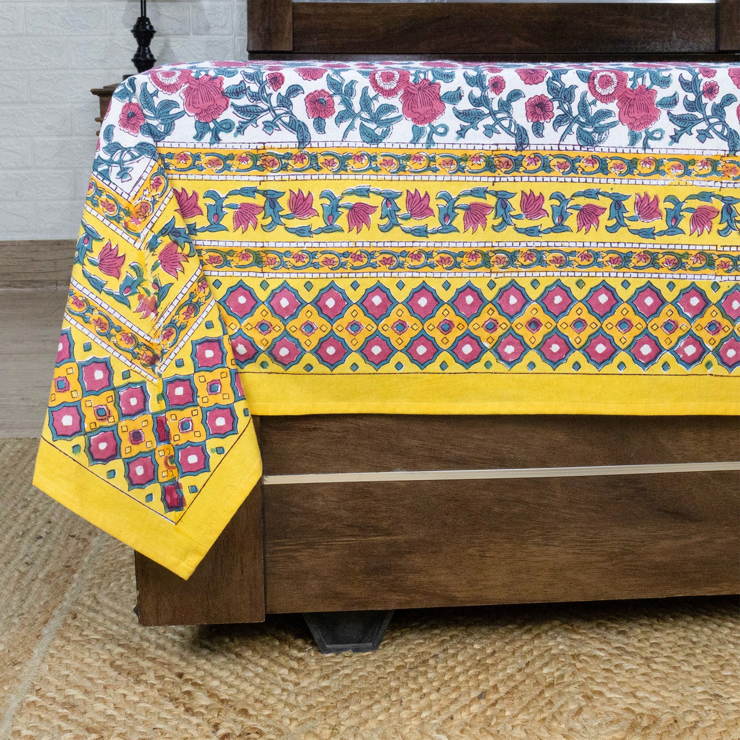 Cotton Bedsheet – Hand Block Floral Print – Pink and Yellow – King, Queen, Twin Sizes - My Store