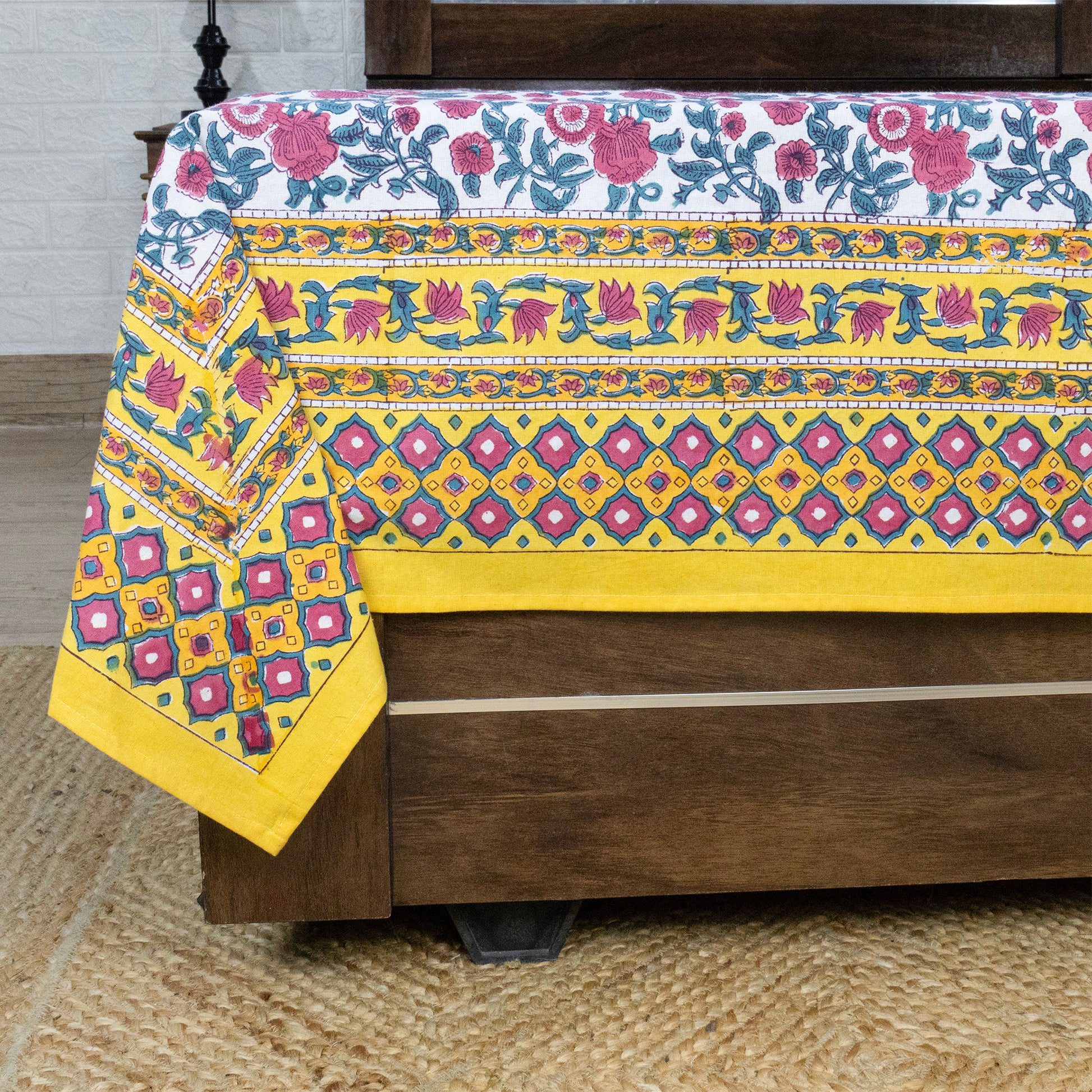 Cotton Bedsheet – Hand Block Floral Print – Pink and Yellow – King, Queen, Twin Sizes - My Store