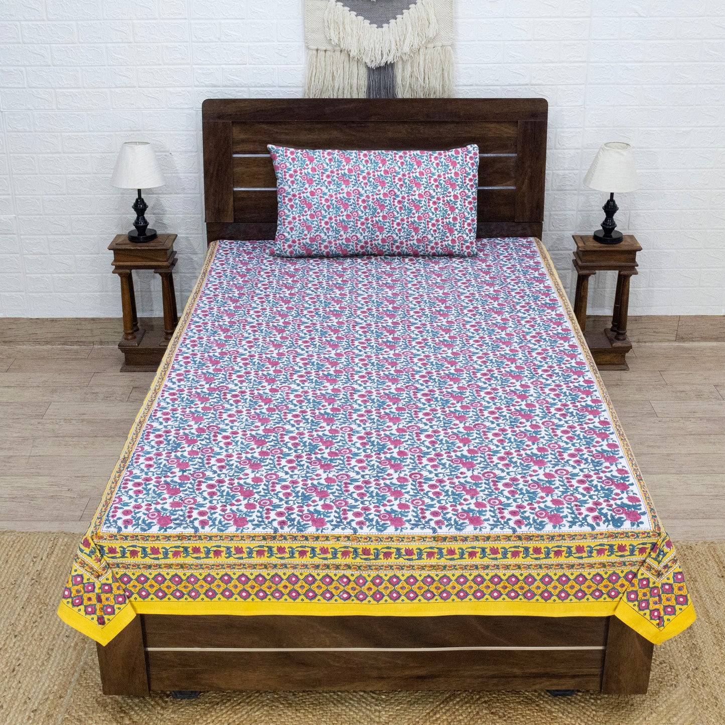 Cotton Bedsheet – Hand Block Floral Print – Pink and Yellow – King, Queen, Twin Sizes - My Store
