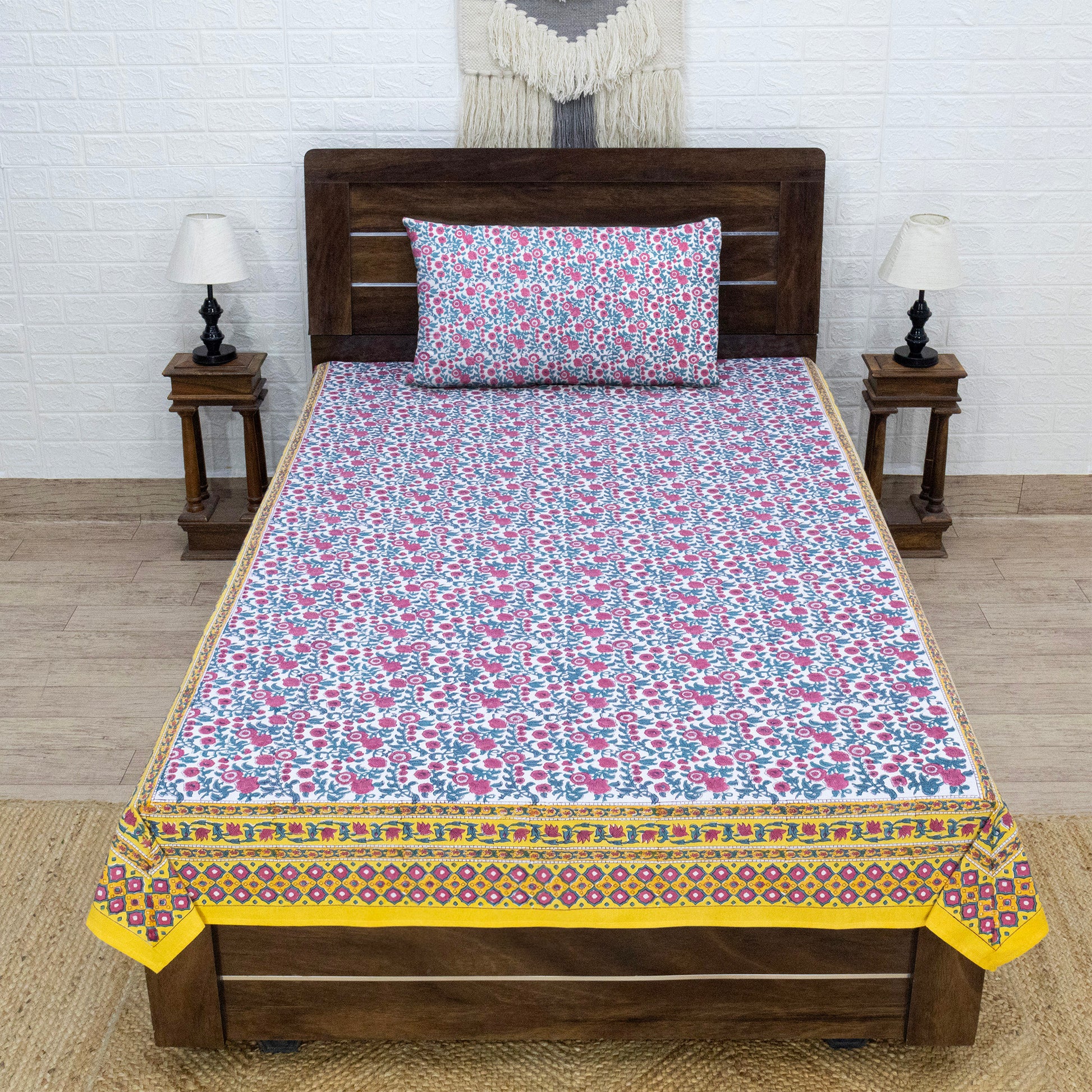 Cotton Bedsheet – Hand Block Floral Print – Pink and Yellow – King, Queen, Twin Sizes - My Store
