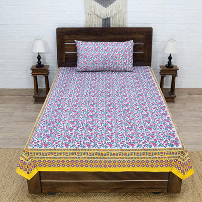 Cotton Bedsheet – Hand Block Floral Print – Pink and Yellow – King, Queen, Twin Sizes - My Store