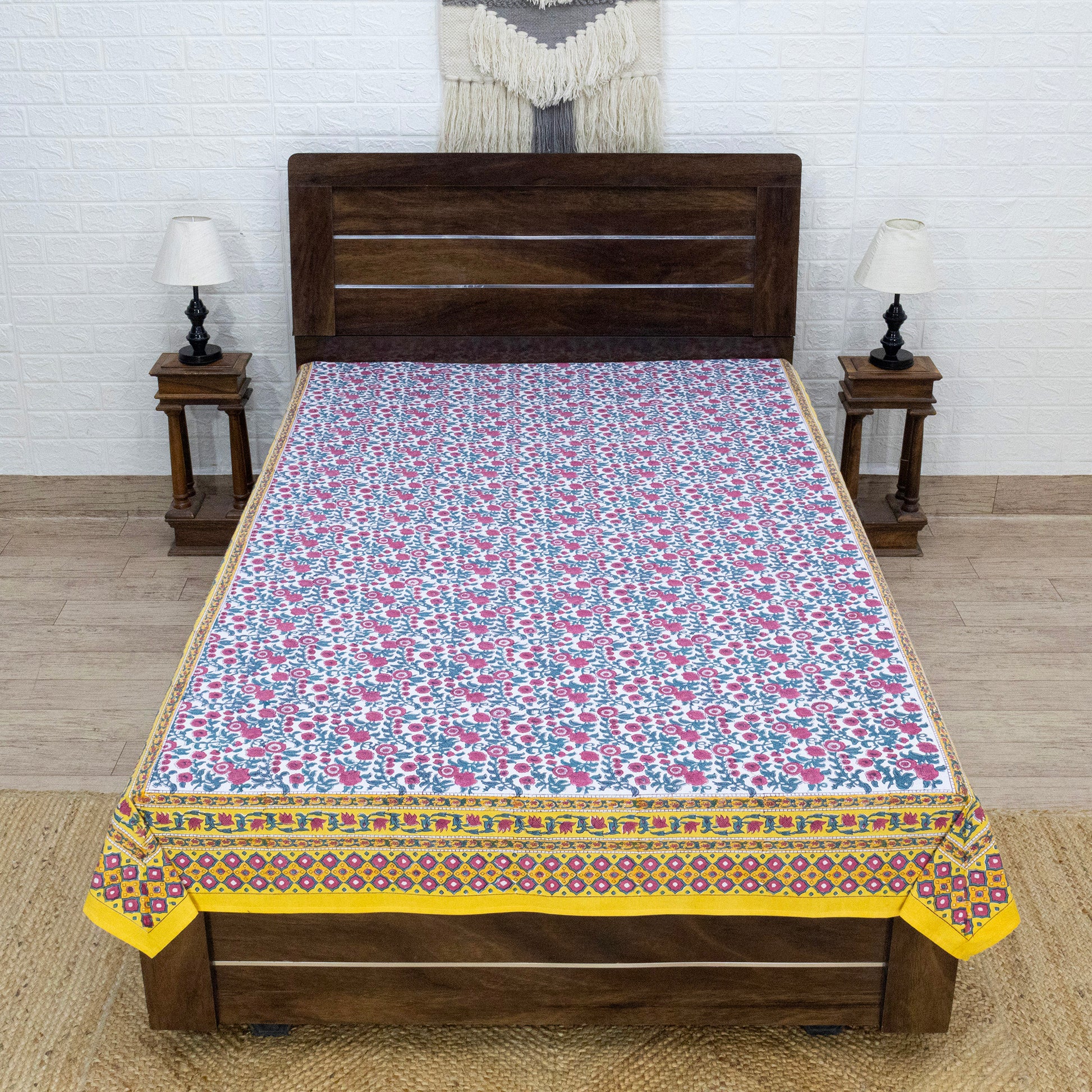 Cotton Bedsheet – Hand Block Floral Print – Pink and Yellow – King, Queen, Twin Sizes - My Store