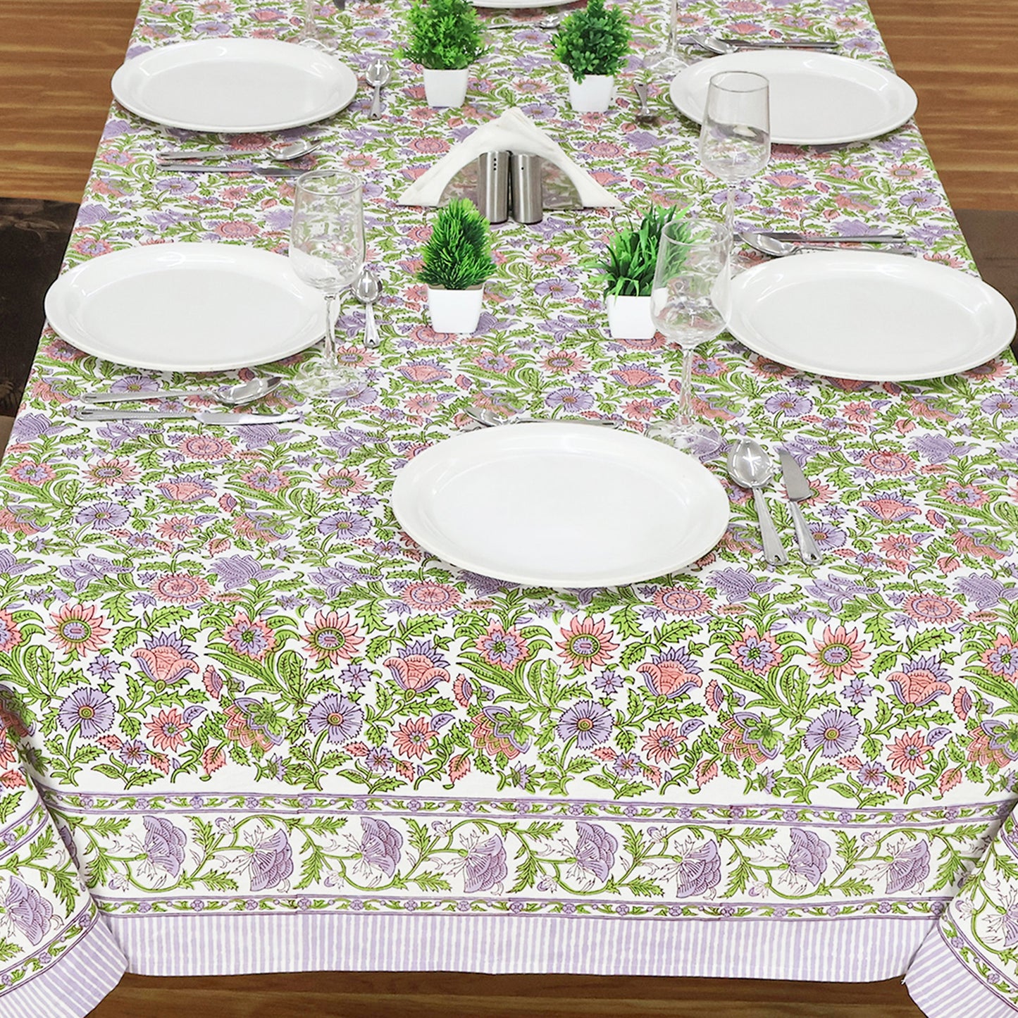 Purple and Green Hand Block Printed Rectangle Table Cover, Dinning Tablecloth - My Store