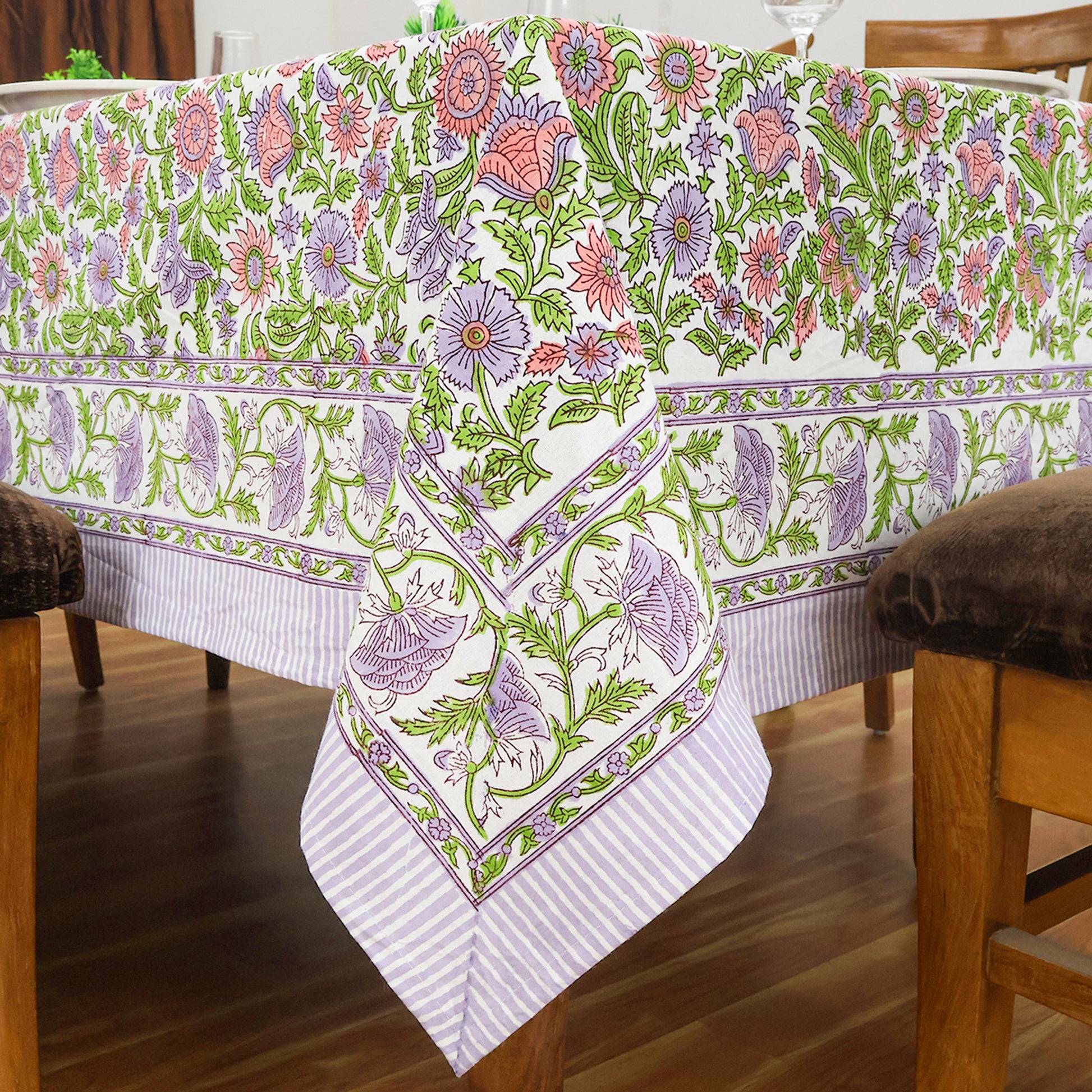 Purple and Green Hand Block Printed Rectangle Table Cover, Dinning Tablecloth - My Store