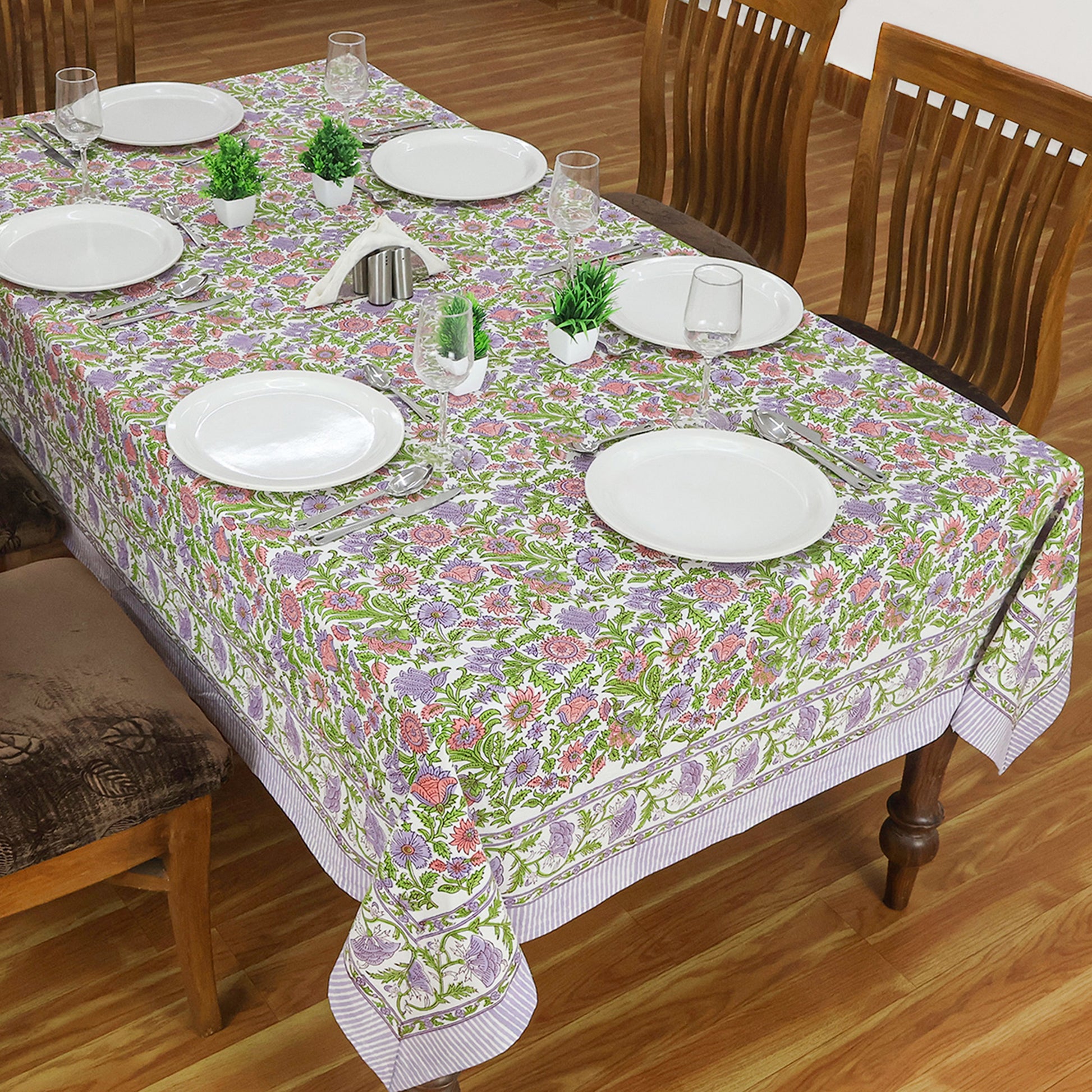 Purple and Green Hand Block Printed Rectangle Table Cover, Dinning Tablecloth - My Store