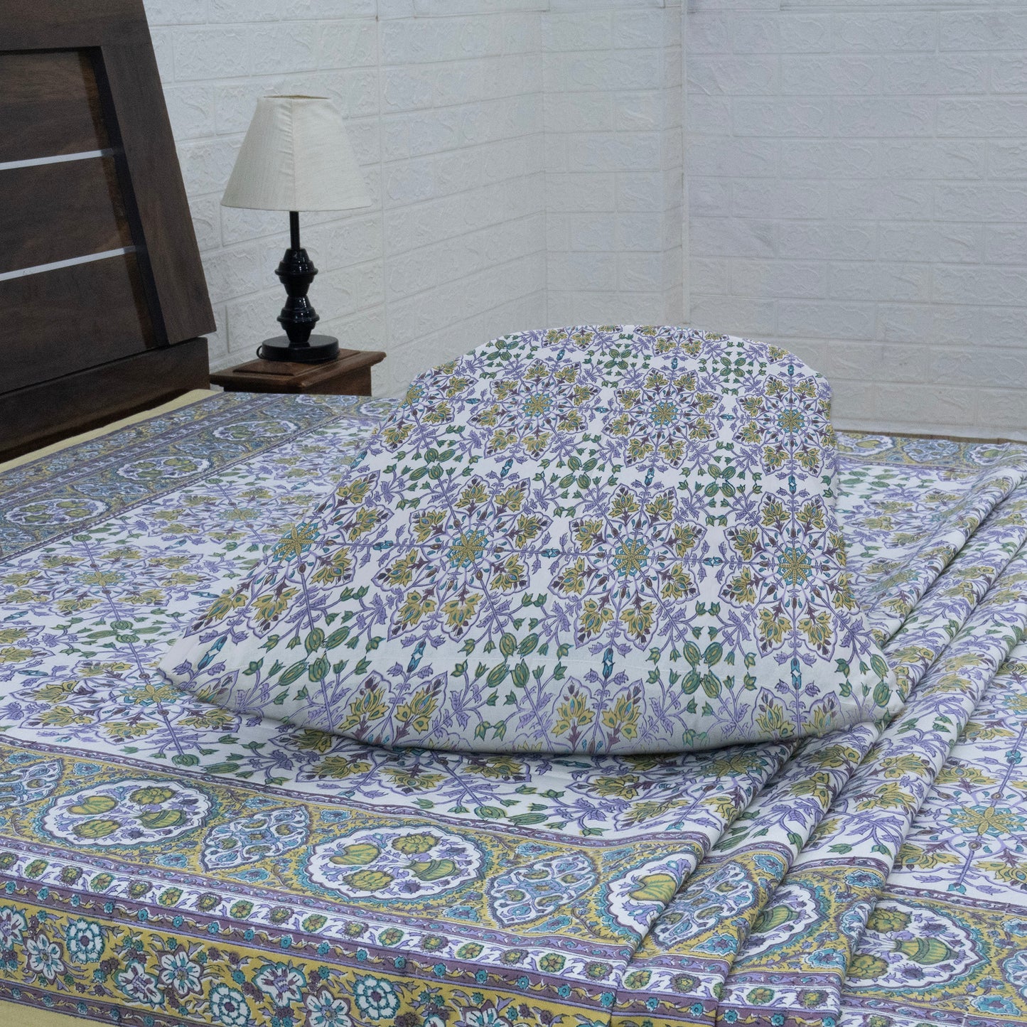 Indian Handmade Block Printed Purple and Green Floral Pattern Cotton Bed sheet For living Room, Kids Room - My Store
