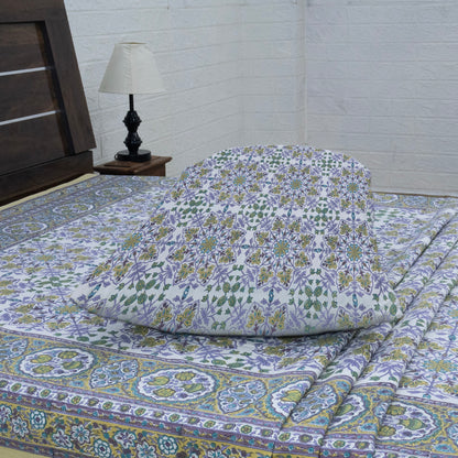 Indian Handmade Block Printed Purple and Green Floral Pattern Cotton Bed sheet For living Room, Kids Room - My Store