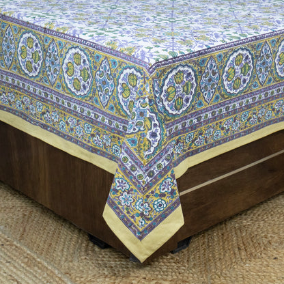 Indian Handmade Block Printed Purple and Green Floral Pattern Cotton Bed sheet For living Room, Kids Room - My Store