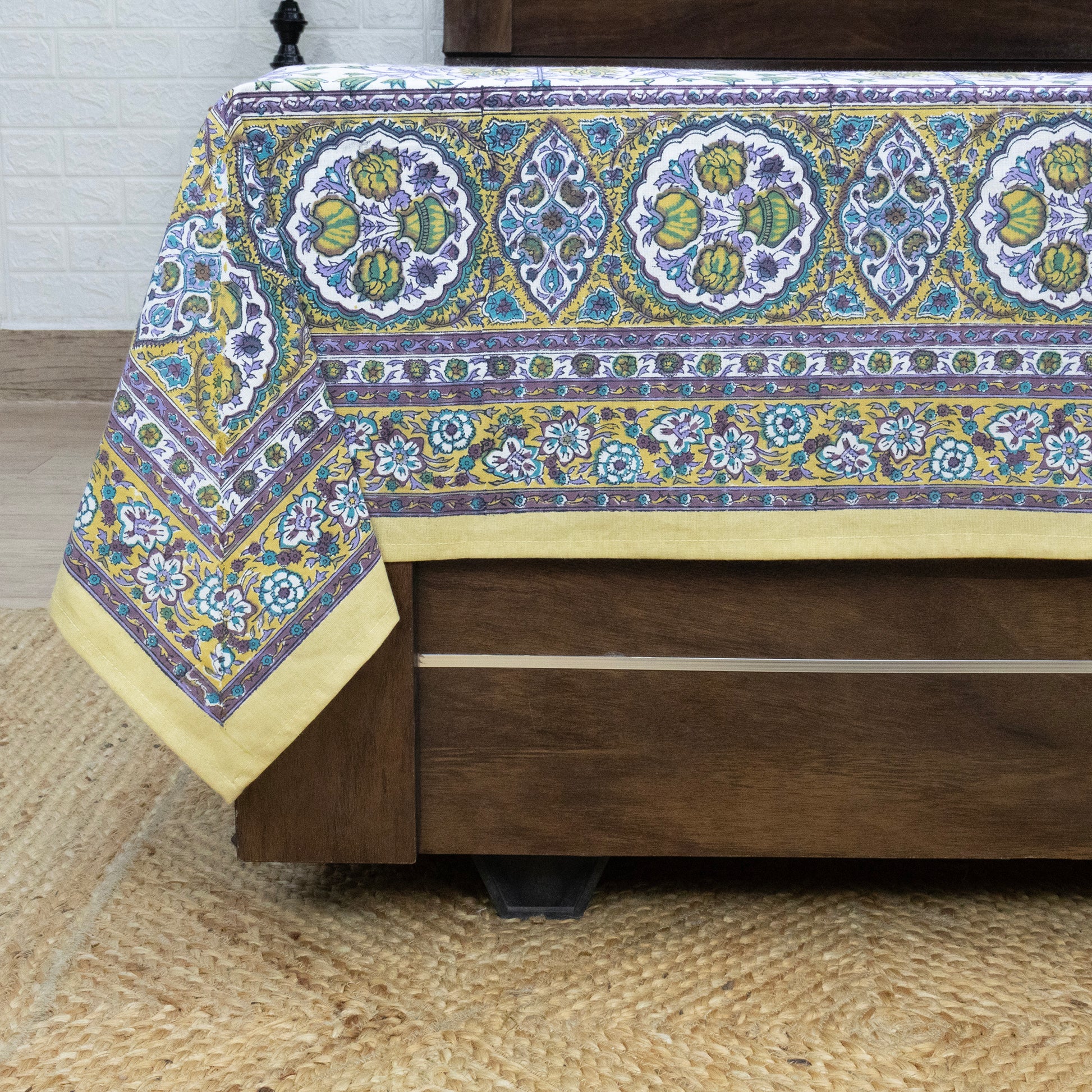 Indian Handmade Block Printed Purple and Green Floral Pattern Cotton Bed sheet For living Room, Kids Room - My Store