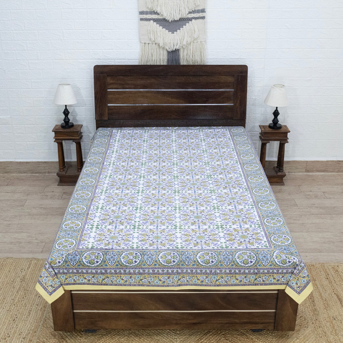 Indian Handmade Block Printed Purple and Green Floral Pattern Cotton Bed sheet For living Room, Kids Room - My Store