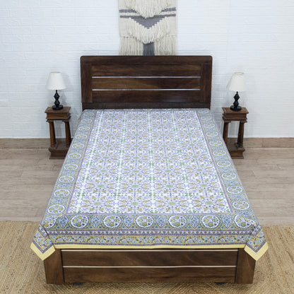 Indian Handmade Block Printed Purple and Green Floral Pattern Cotton Bed sheet For living Room, Kids Room - My Store