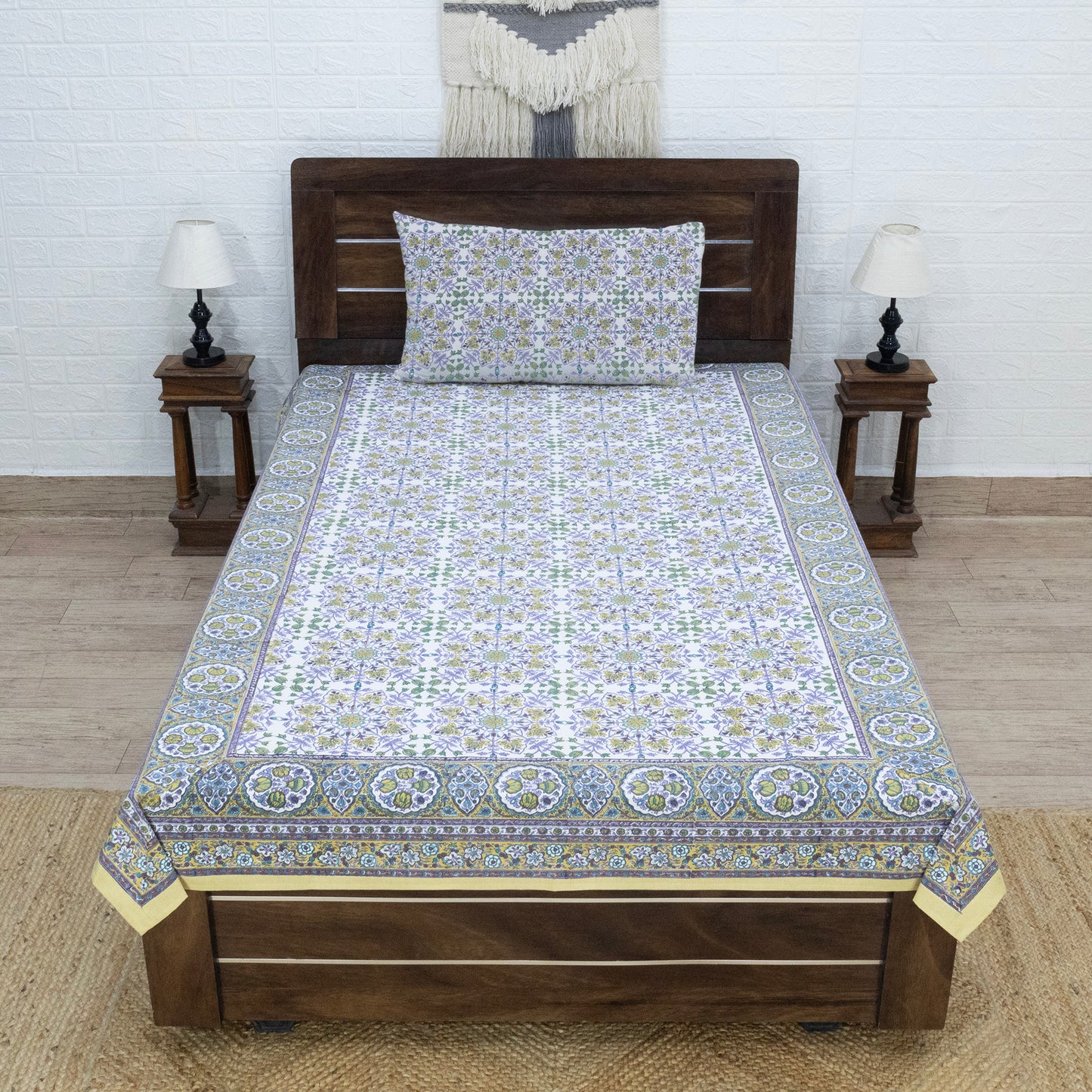 Indian Handmade Block Printed Purple and Green Floral Pattern Cotton Bed sheet For living Room, Kids Room - My Store