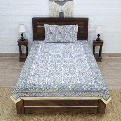 Indian Handmade Block Printed Purple and Green Floral Pattern Cotton Bed sheet For living Room, Kids Room - My Store