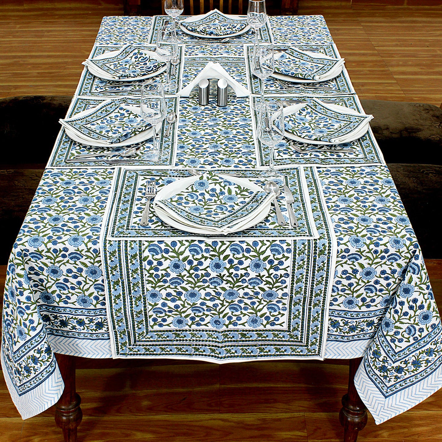 Blue & White Block Printed Tablecloth For Rectangle Table - My Store