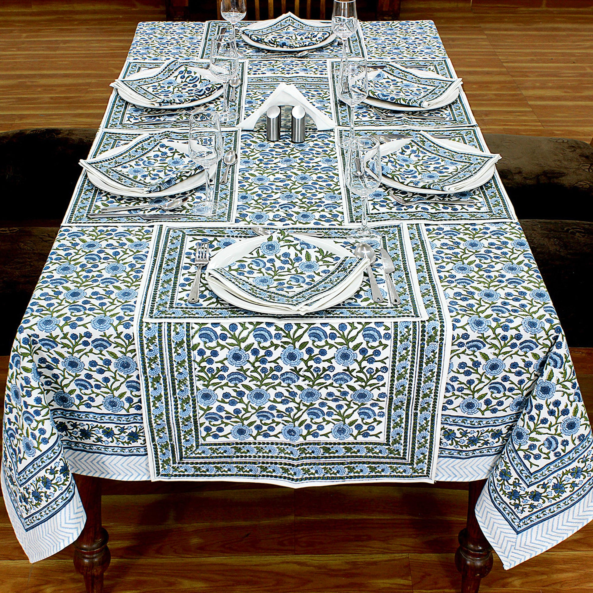 Blue & White Block Printed Tablecloth For Rectangle Table - My Store