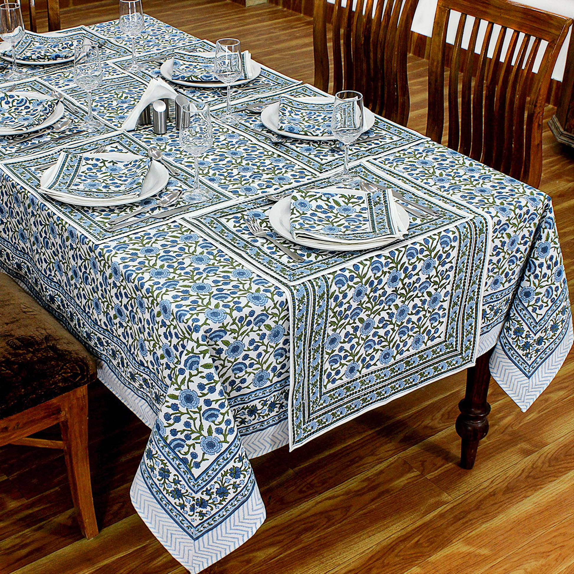Blue & White Block Printed Tablecloth For Rectangle Table - My Store