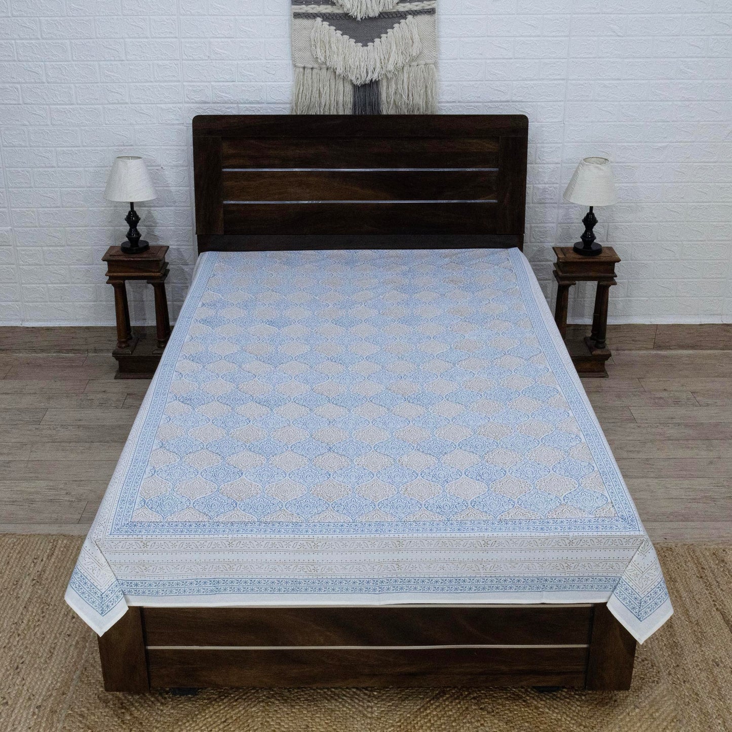 Indian Handmade Block Printed Blue and Yellow Floral Pattern Cotton Bed sheet For living Room, Kids Room - My Store