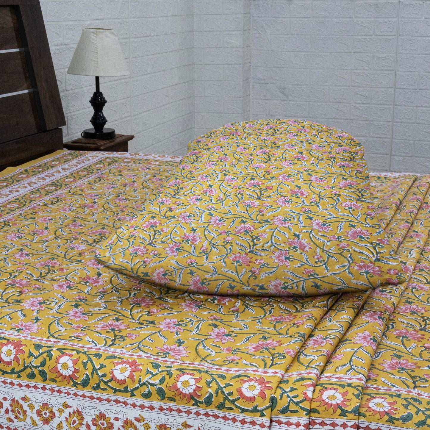 Indian Handmade Block Printed Yellow and Pink Floral Pattern Cotton Bed sheet For living Room, Kids Room - My Store
