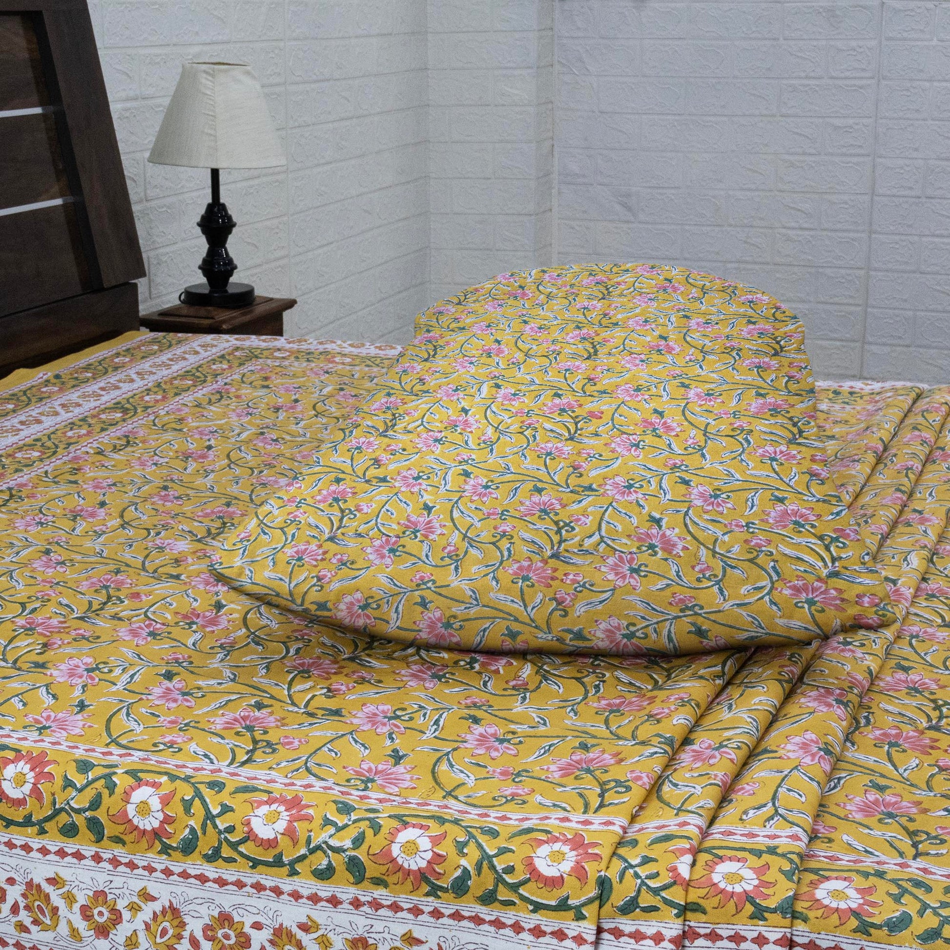 Indian Handmade Block Printed Yellow and Pink Floral Pattern Cotton Bed sheet For living Room, Kids Room - My Store