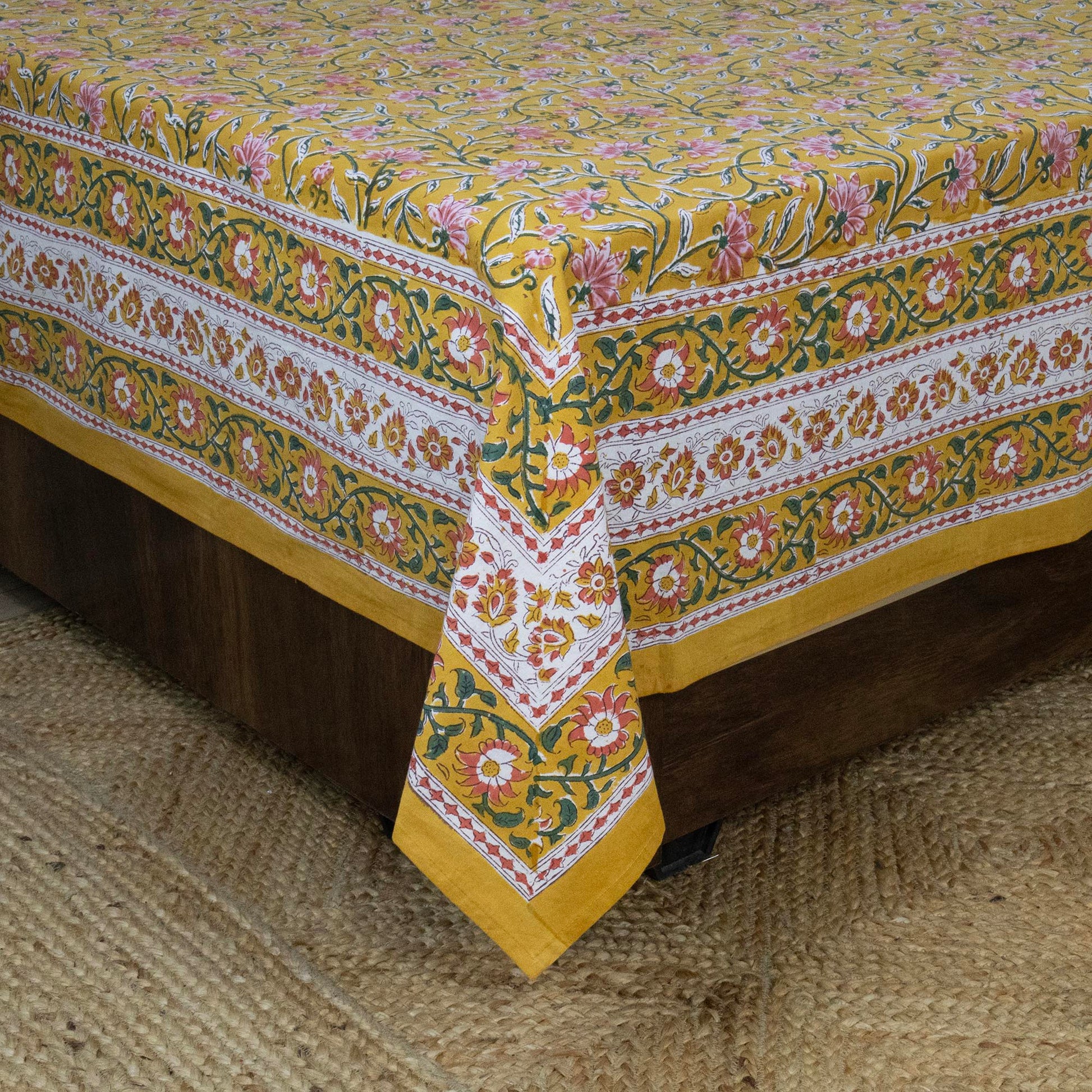 Indian Handmade Block Printed Yellow and Pink Floral Pattern Cotton Bed sheet For living Room, Kids Room - My Store