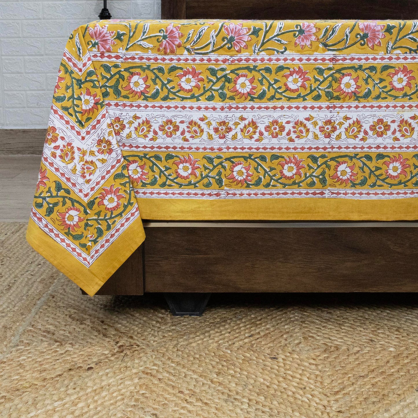 Indian Handmade Block Printed Yellow and Pink Floral Pattern Cotton Bed sheet For living Room, Kids Room - My Store