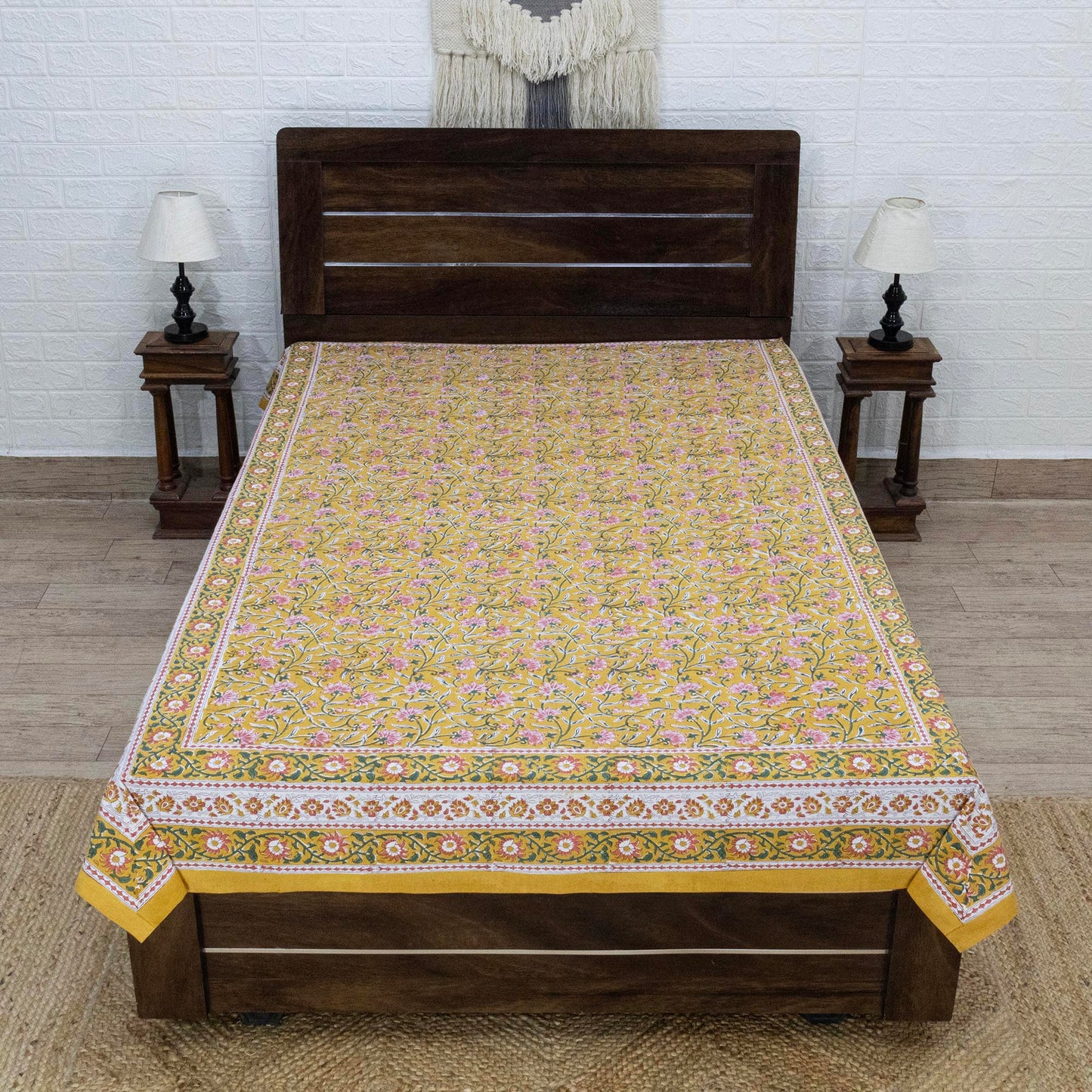 Indian Handmade Block Printed Yellow and Pink Floral Pattern Cotton Bed sheet For living Room, Kids Room - My Store