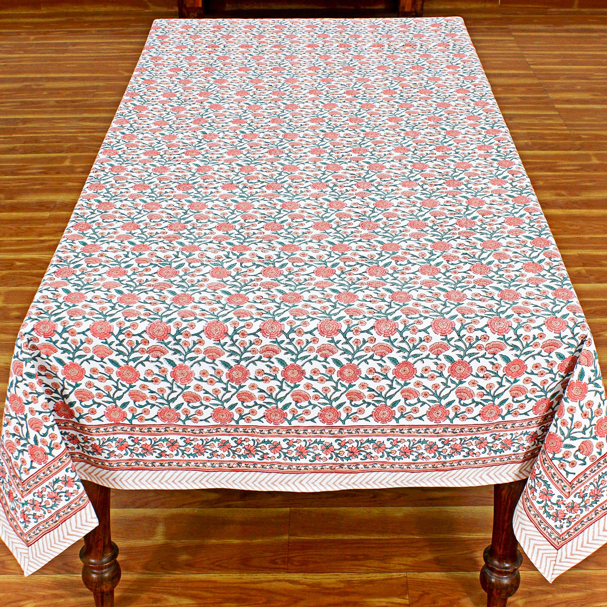 Block Printed Pink and White Table Cover For Dinning Decor - My Store