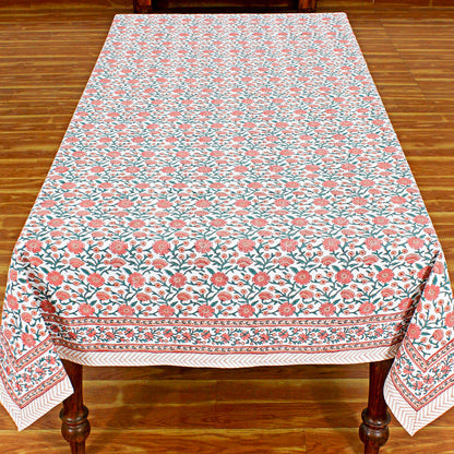 Block Printed Pink and White Table Cover For Dinning Decor - My Store