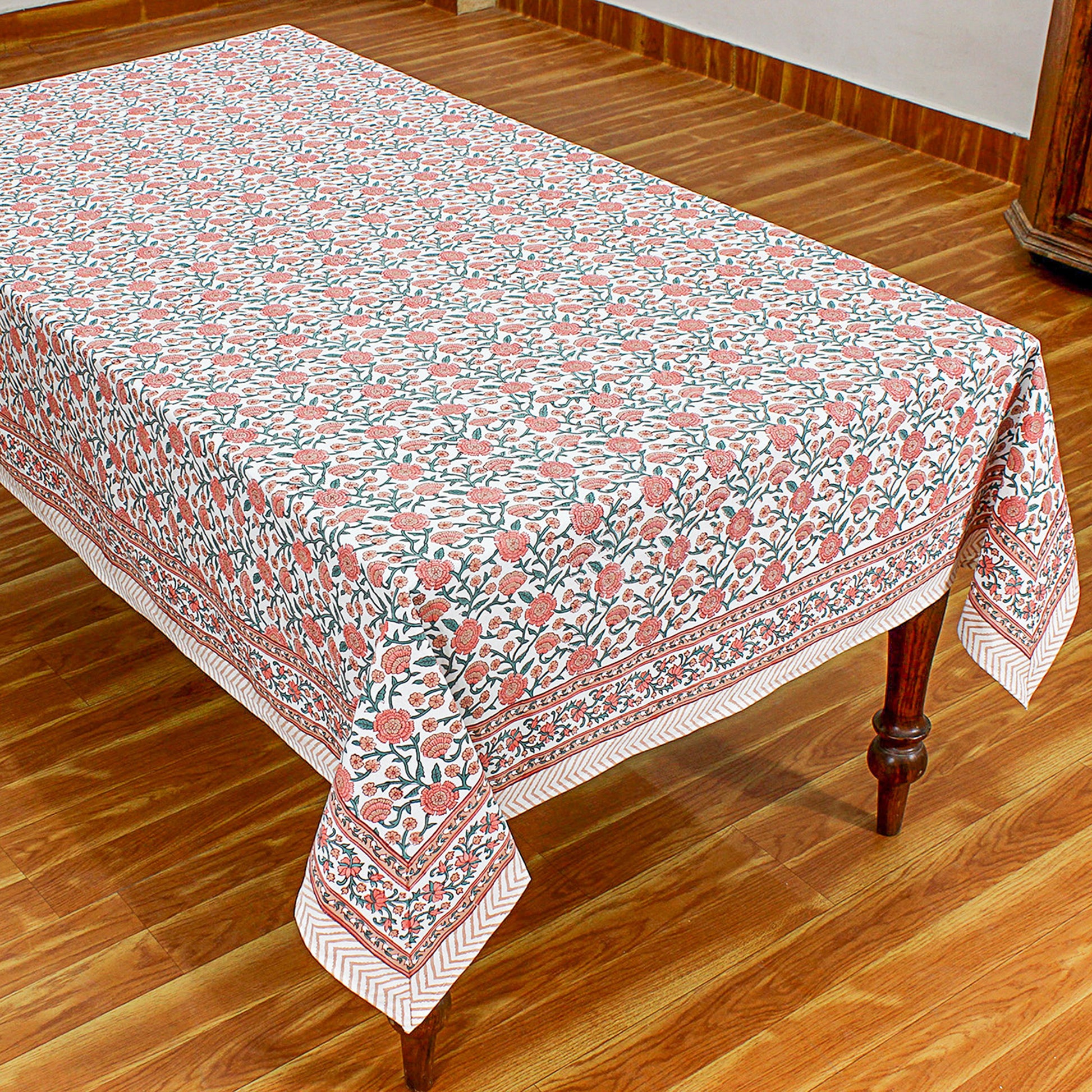 Block Printed Pink and White Table Cover For Dinning Decor - My Store