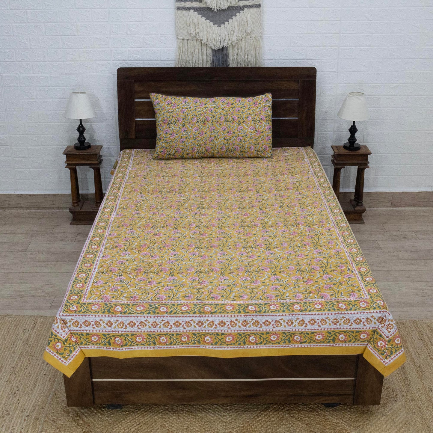 Indian Handmade Block Printed Yellow and Pink Floral Pattern Cotton Bed sheet For living Room, Kids Room - My Store