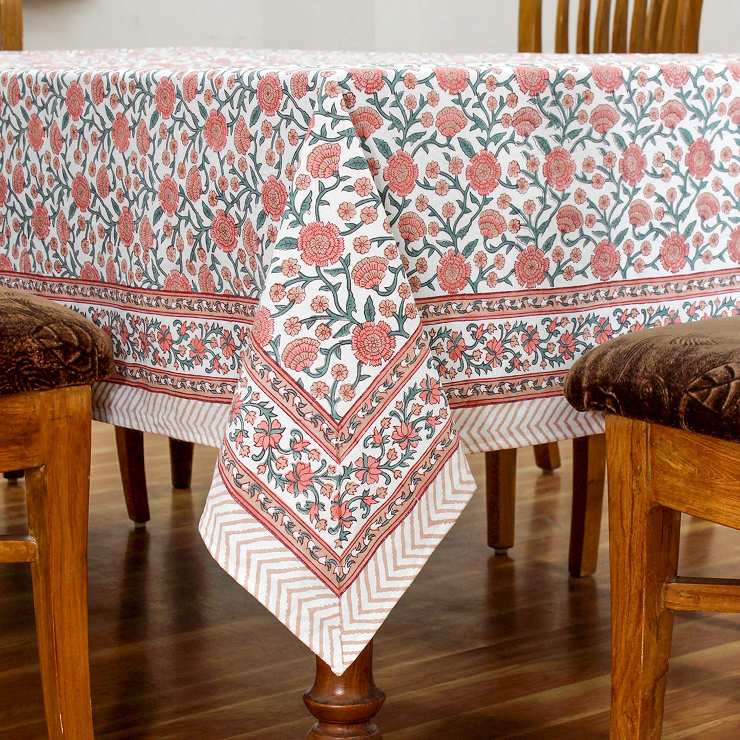 Block Printed Pink and White Table Cover For Dinning Decor - My Store