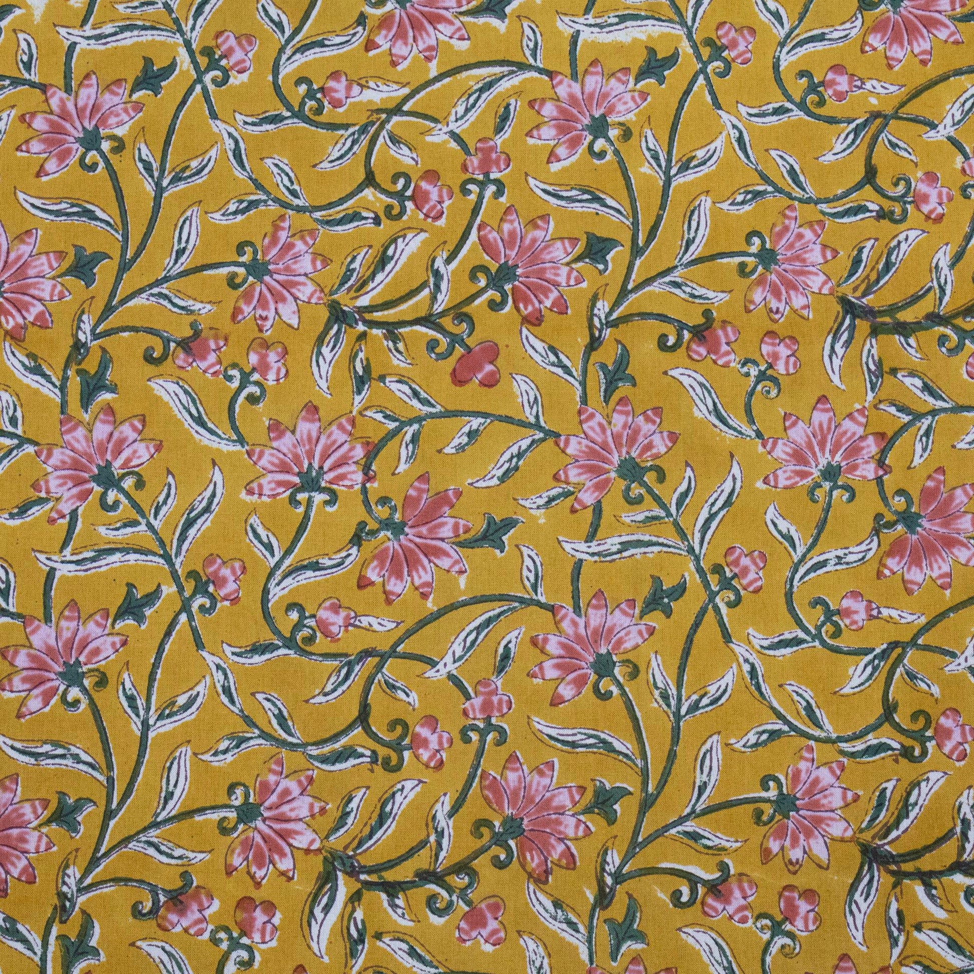 Indian Handmade Block Printed Yellow and Pink Floral Pattern Cotton Bed sheet For living Room, Kids Room - My Store