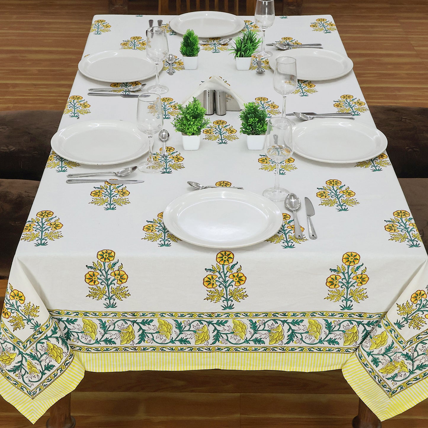 Yellow White Table Cover - Floral Printed Rectangle Tablecloth - My Store