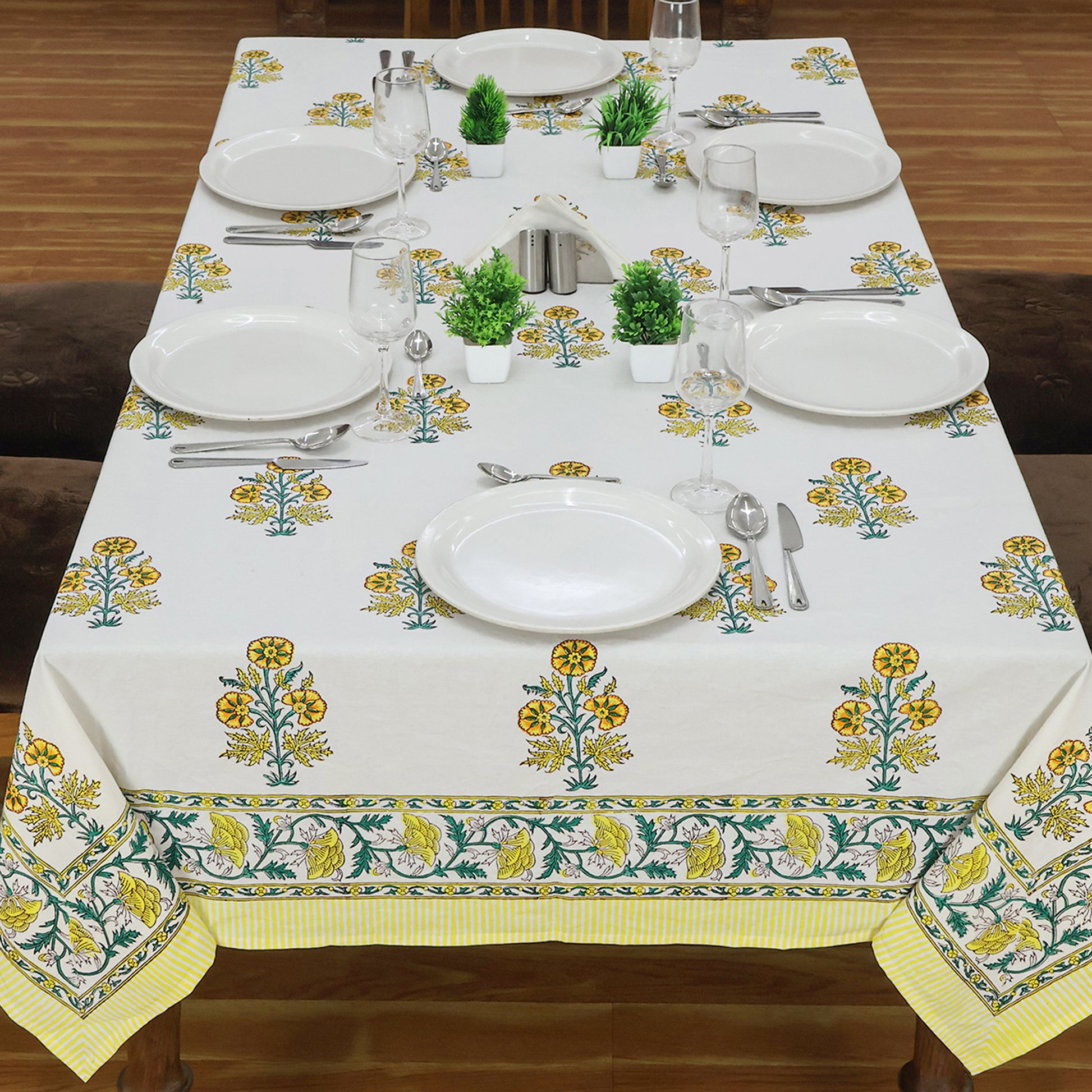 Yellow White Table Cover - Floral Printed Rectangle Tablecloth - My Store