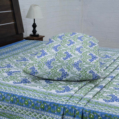 Indian Handmade Block Printed Green and Blue Floral Pattern Cotton Bed sheet For living Room, Kids Room - My Store