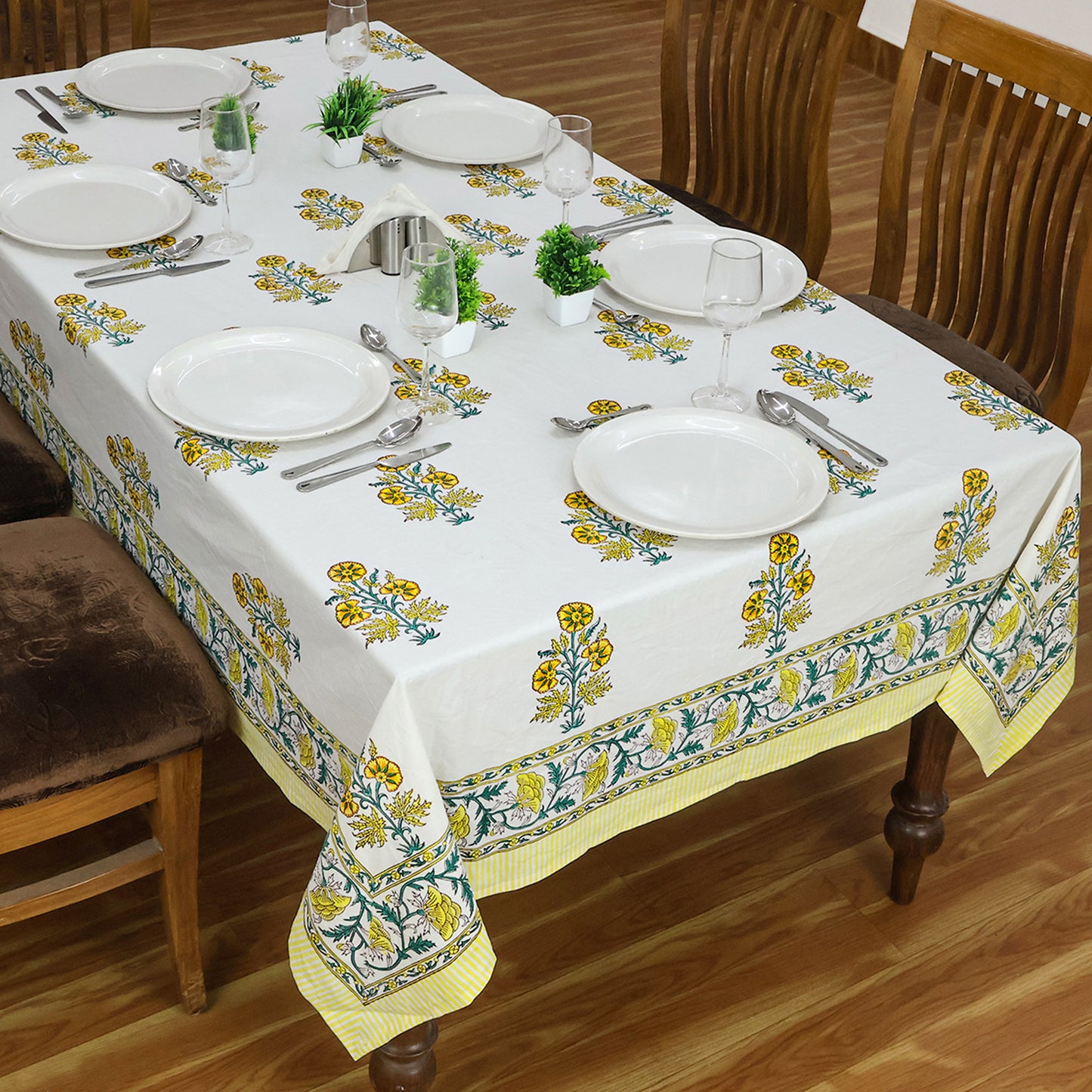 Yellow White Table Cover - Floral Printed Rectangle Tablecloth - My Store