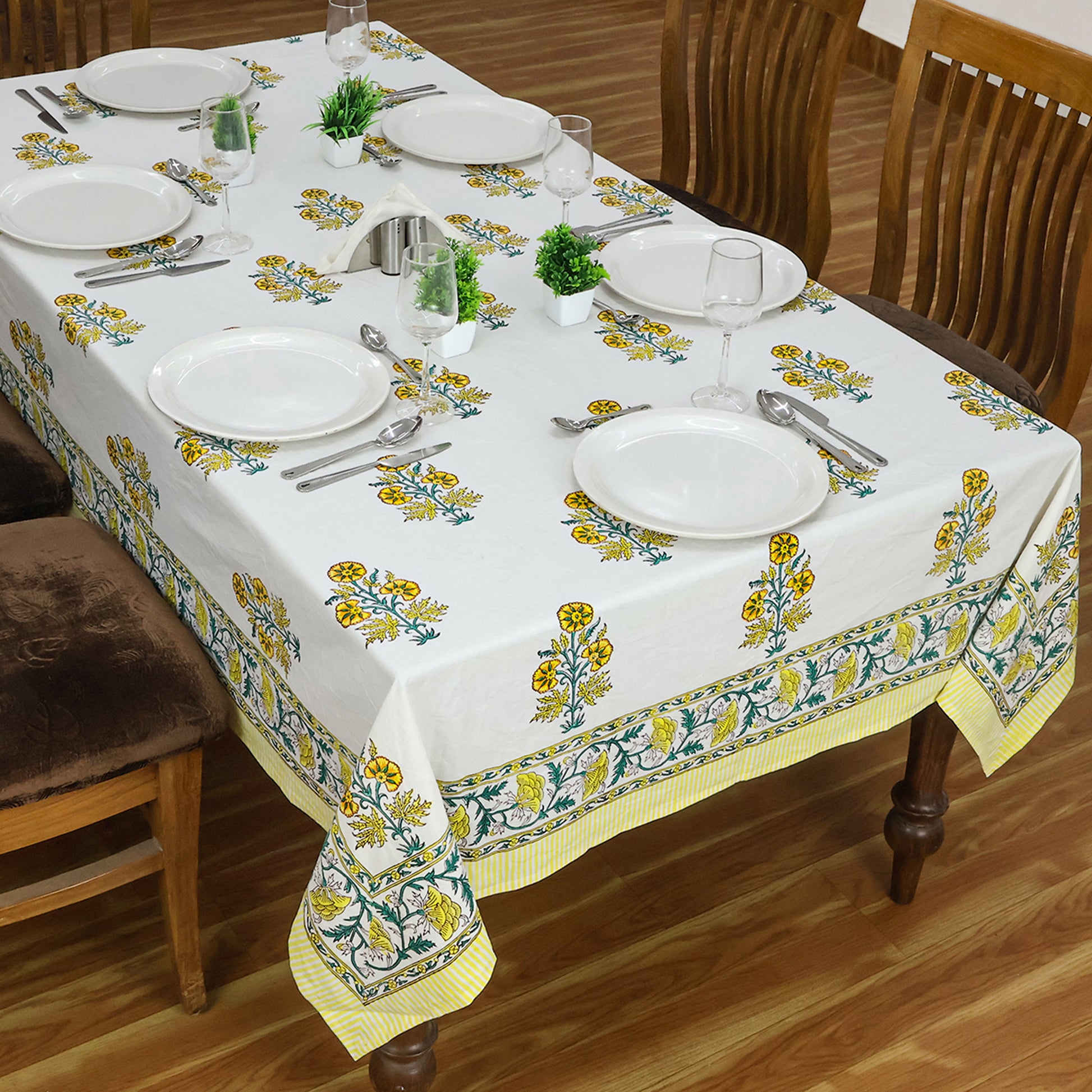 Yellow White Table Cover - Floral Printed Rectangle Tablecloth - My Store