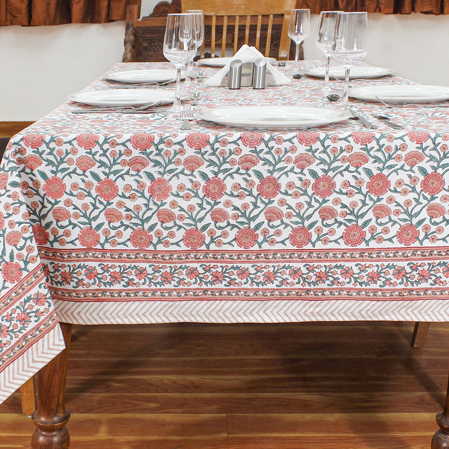 Block Printed Pink and White Table Cover For Dinning Decor - My Store