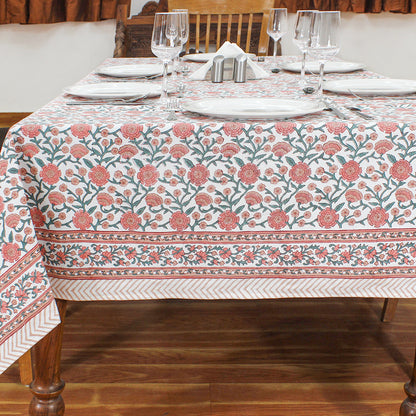 Block Printed Pink and White Table Cover For Dinning Decor - My Store