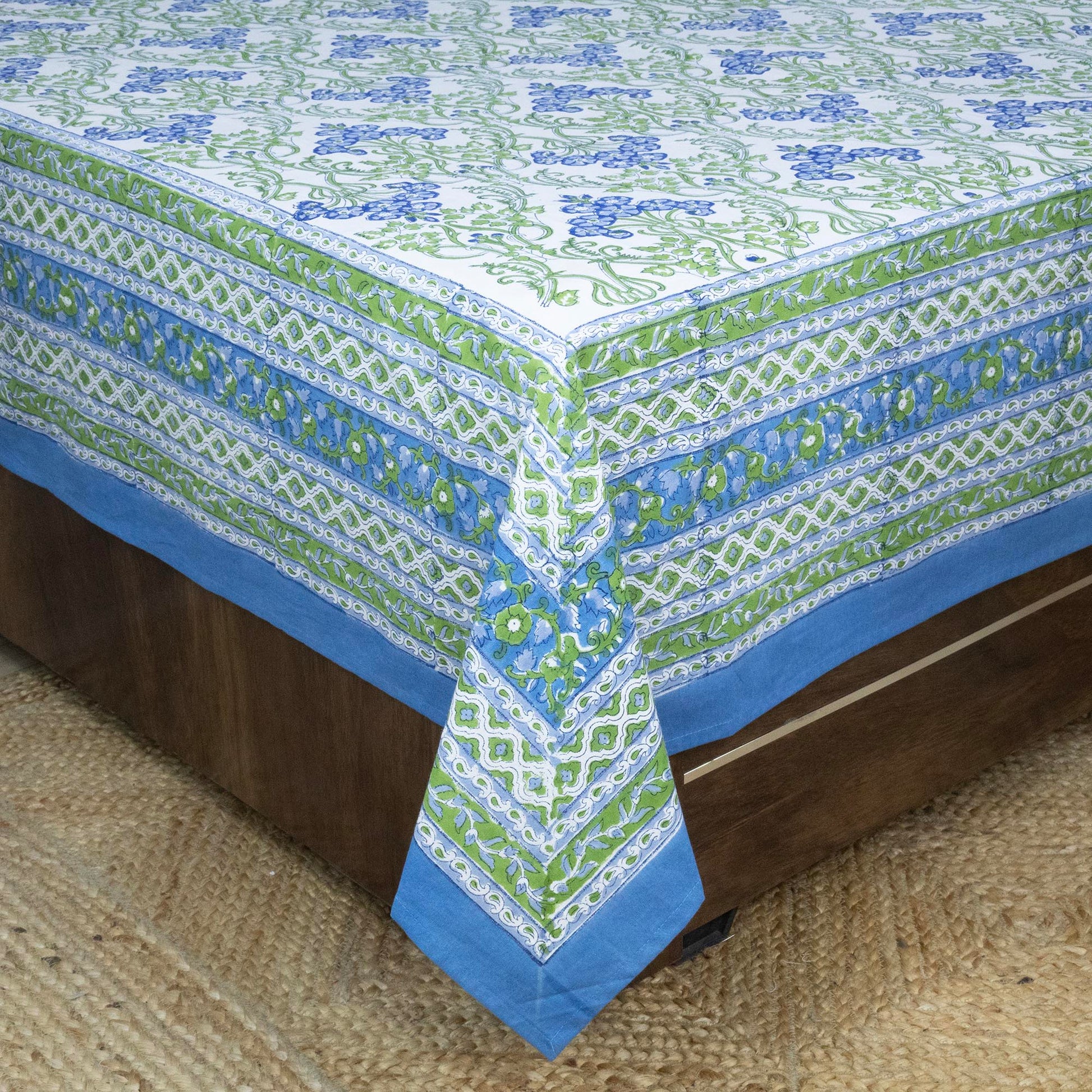 Indian Handmade Block Printed Green and Blue Floral Pattern Cotton Bed sheet For living Room, Kids Room - My Store