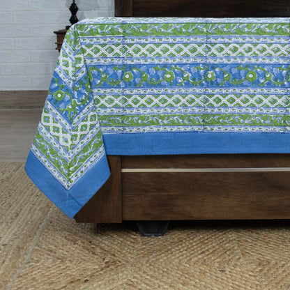 Indian Handmade Block Printed Green and Blue Floral Pattern Cotton Bed sheet For living Room, Kids Room - My Store