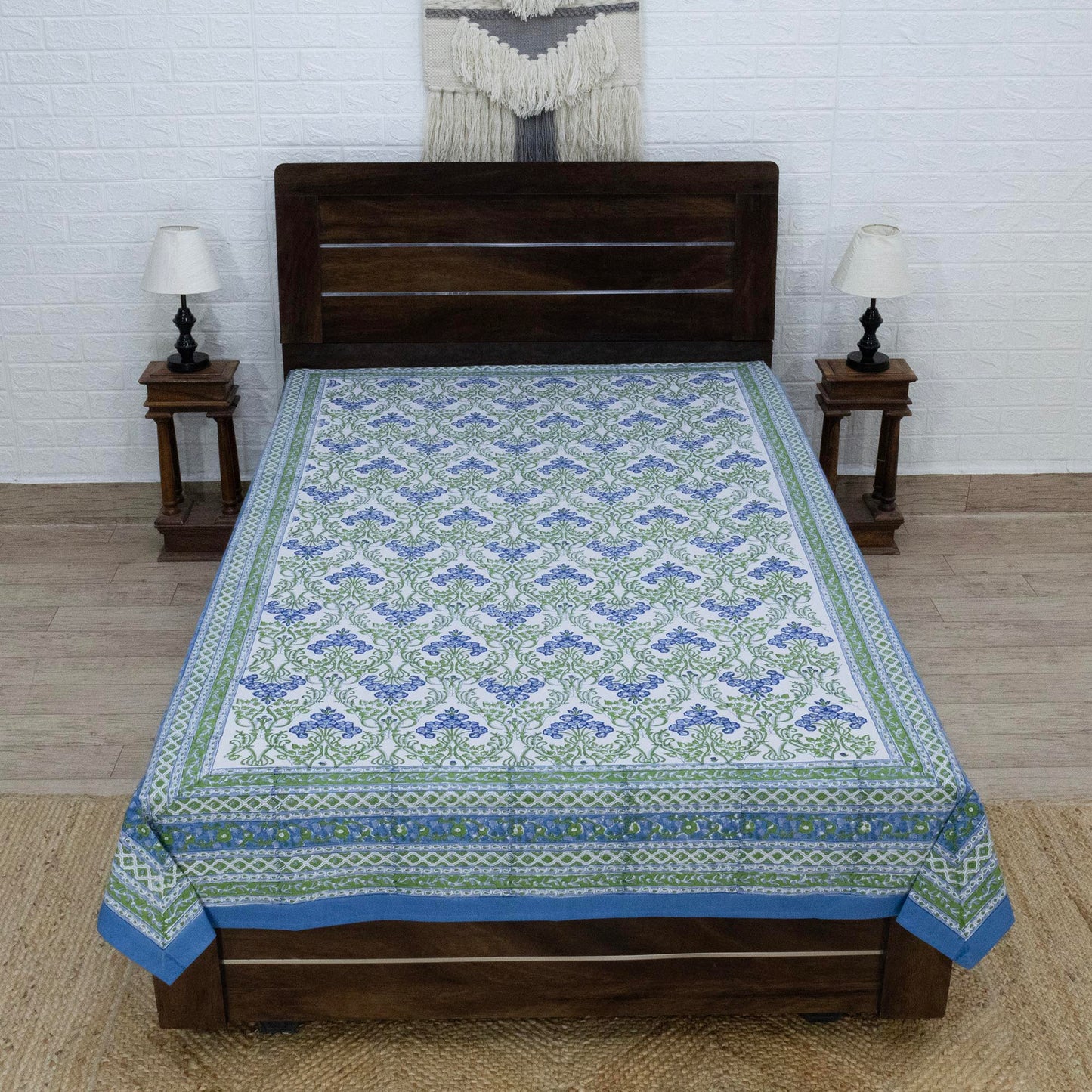 Indian Handmade Block Printed Green and Blue Floral Pattern Cotton Bed sheet For living Room, Kids Room - My Store