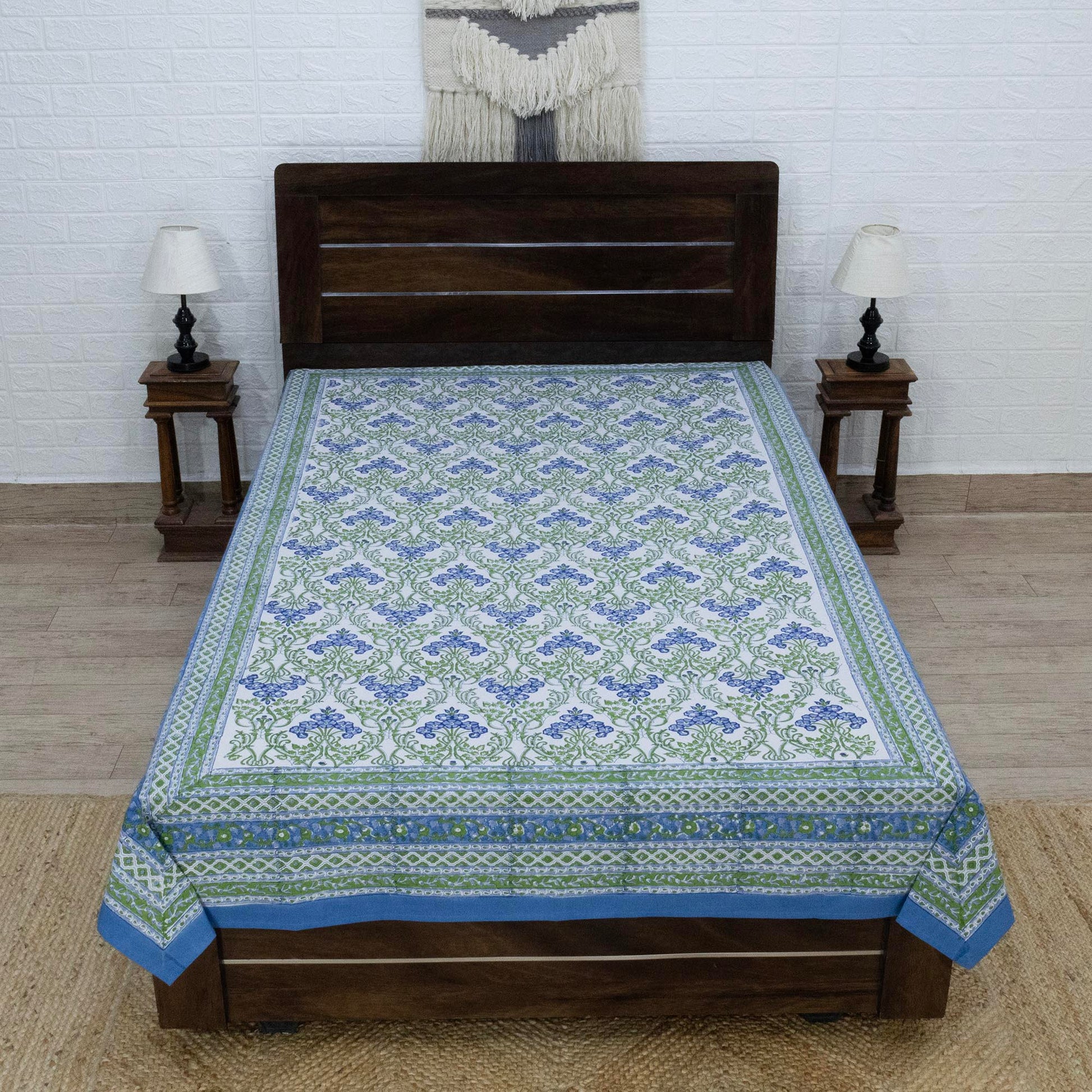 Indian Handmade Block Printed Green and Blue Floral Pattern Cotton Bed sheet For living Room, Kids Room - My Store