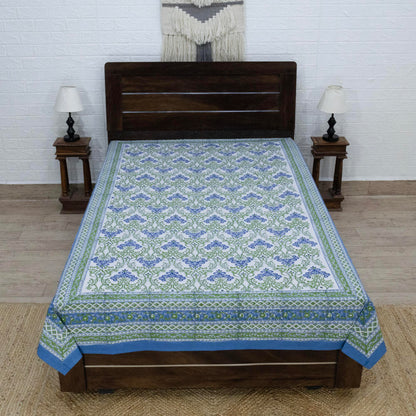 Indian Handmade Block Printed Green and Blue Floral Pattern Cotton Bed sheet For living Room, Kids Room - My Store