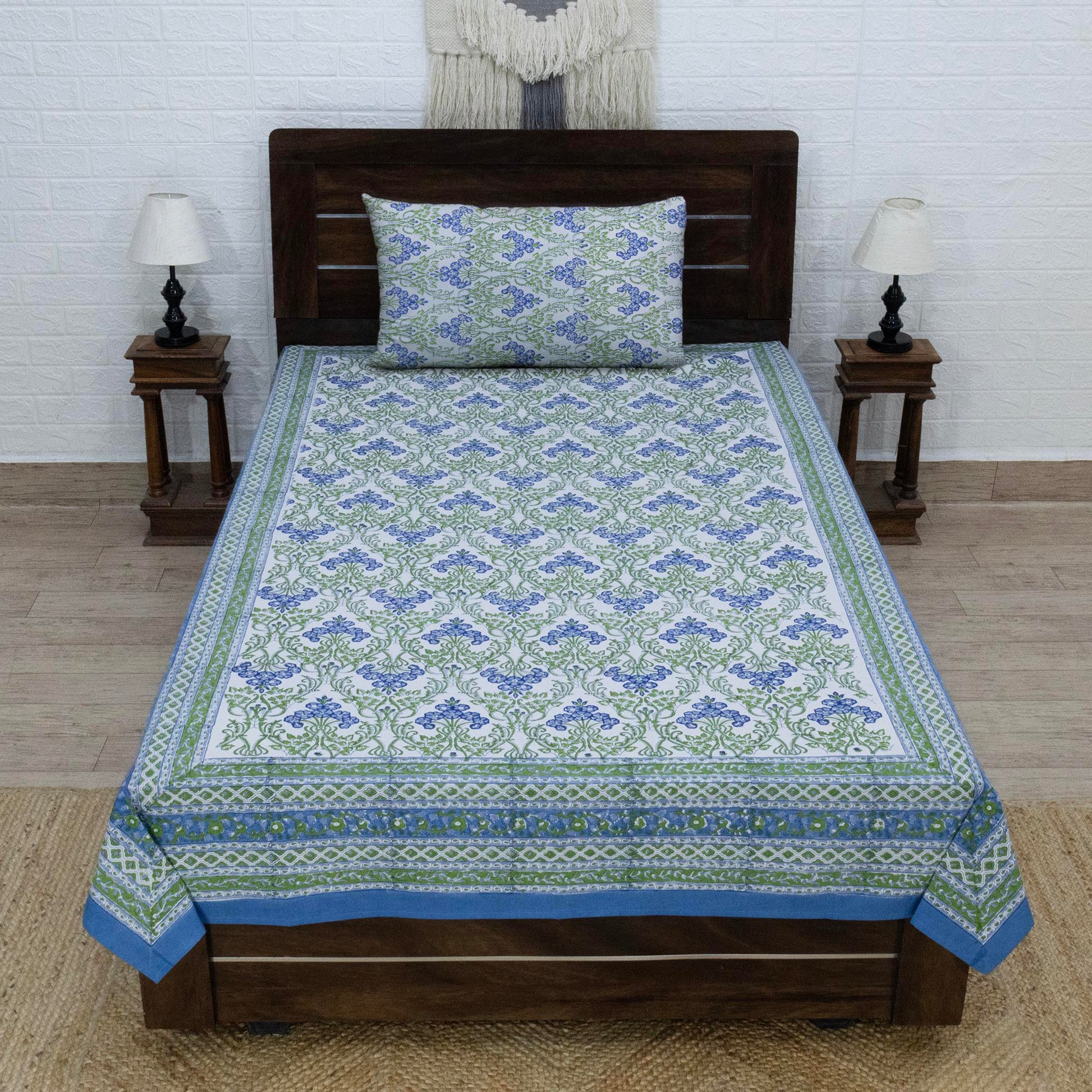 Indian Handmade Block Printed Green and Blue Floral Pattern Cotton Bed sheet For living Room, Kids Room - My Store