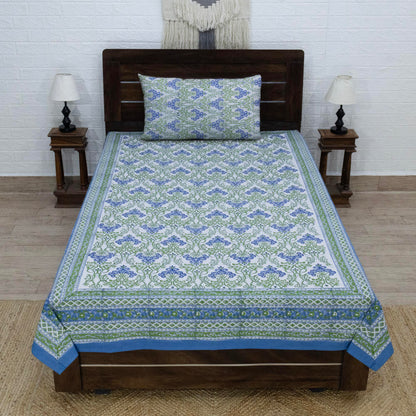 Indian Handmade Block Printed Green and Blue Floral Pattern Cotton Bed sheet For living Room, Kids Room - My Store